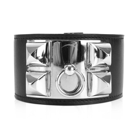 Hermès - L/GM Size CDC Collier De Chien Silver/Black Leather Cuff with Full Set - Picture 1 of 16